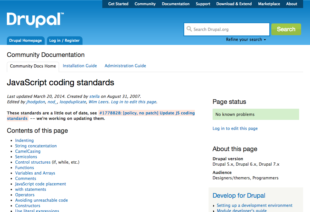 JavaScript coding standards page on Drupal.org