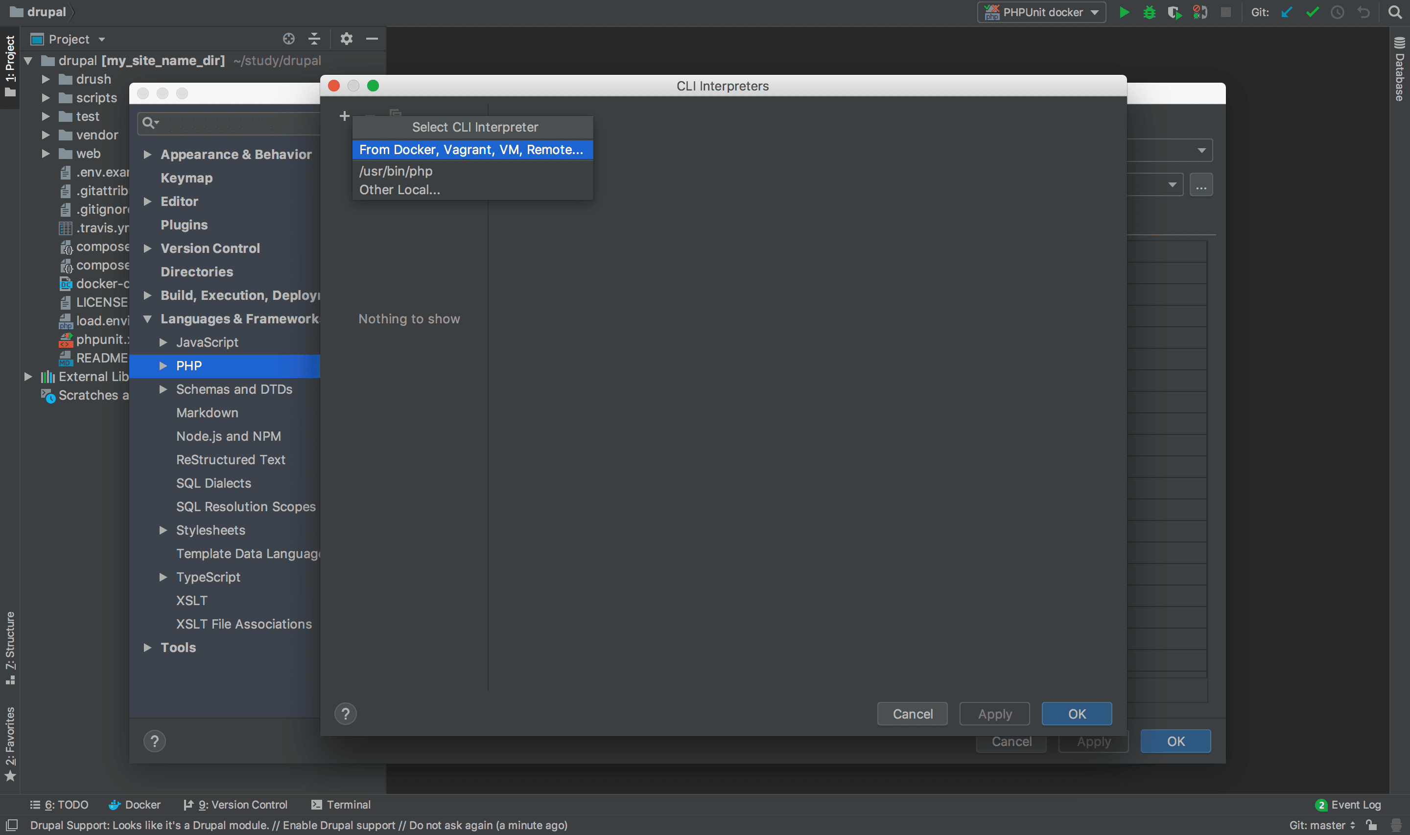 CLI Interpreter で From Docker, Vagrant, VM, Remote を選ぶ画面
