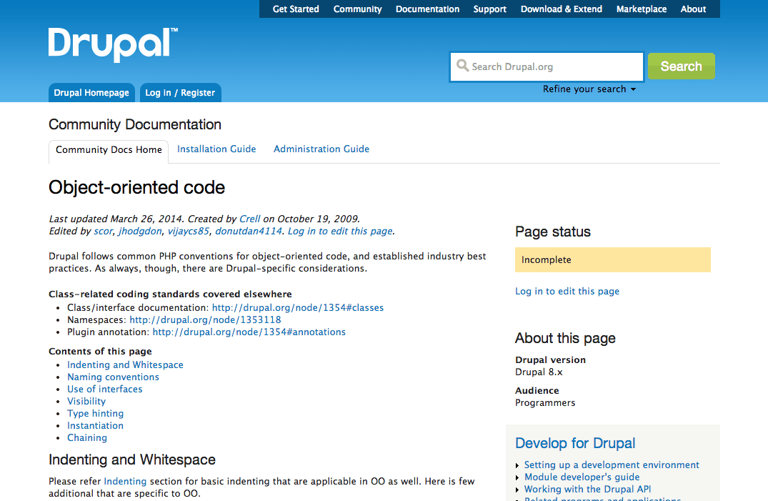 Drupal.org の Object-oriented code ドキュメントページ