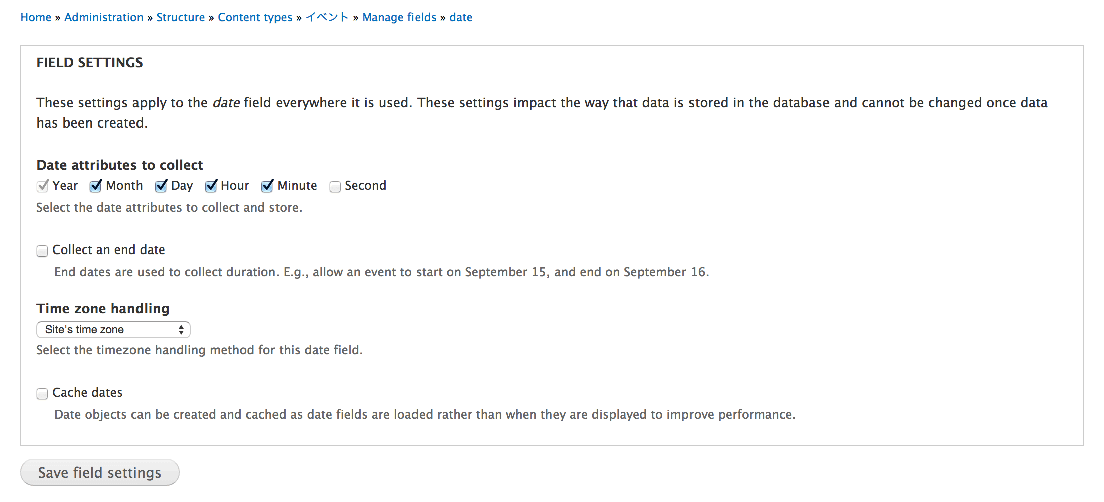 Date フィールドの詳細設定ページ
