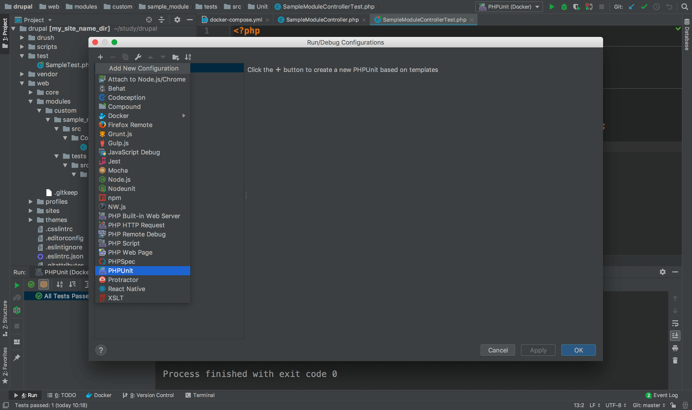 Run の設定で PHPUnit の構成を追加する画面