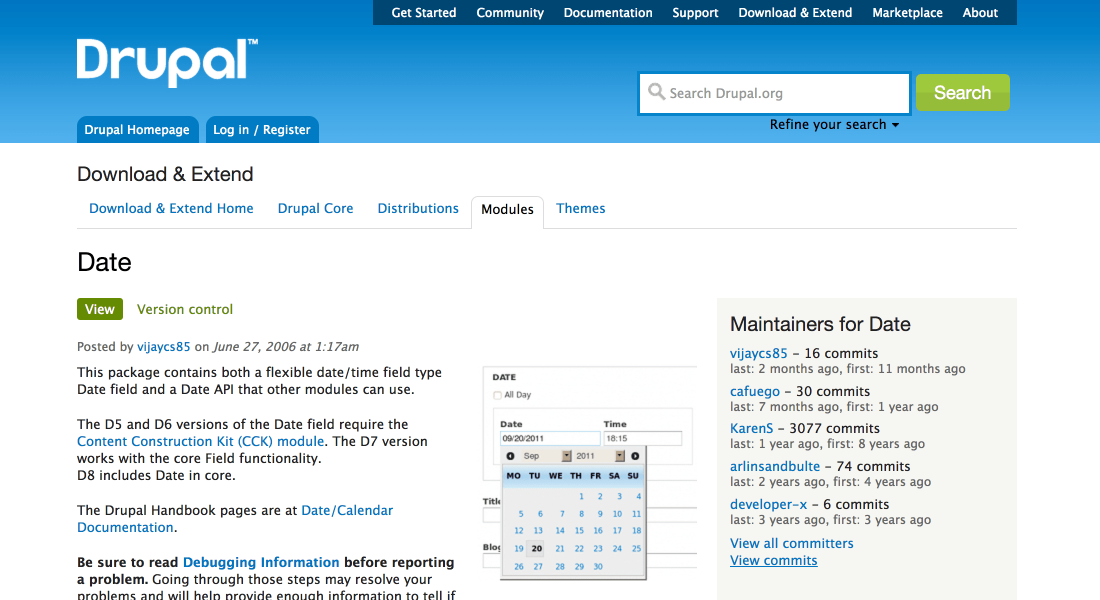 Drupal.org の Date モジュールのプロジェクトページ