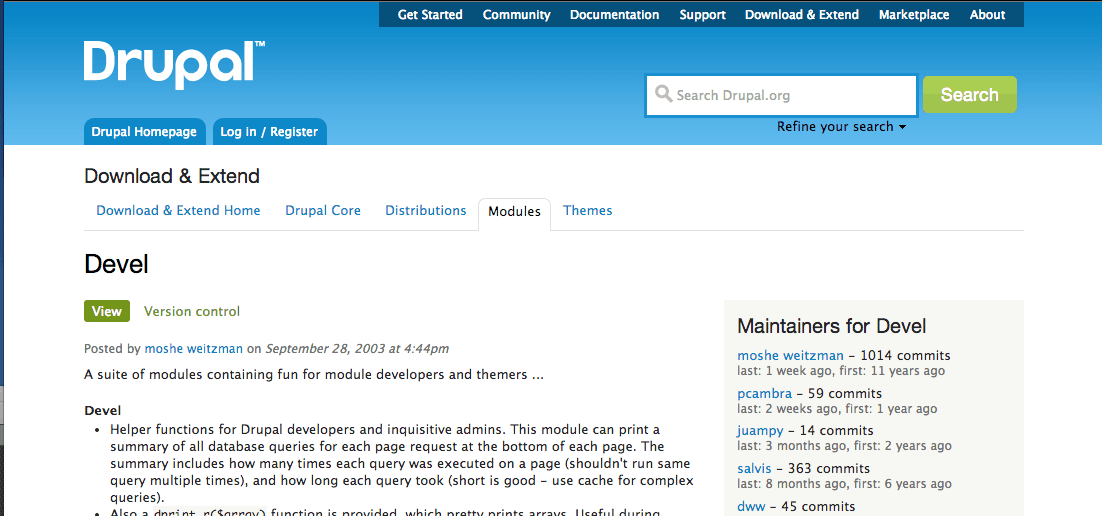 drupal.org の Devel モジュールのプロジェクトページ