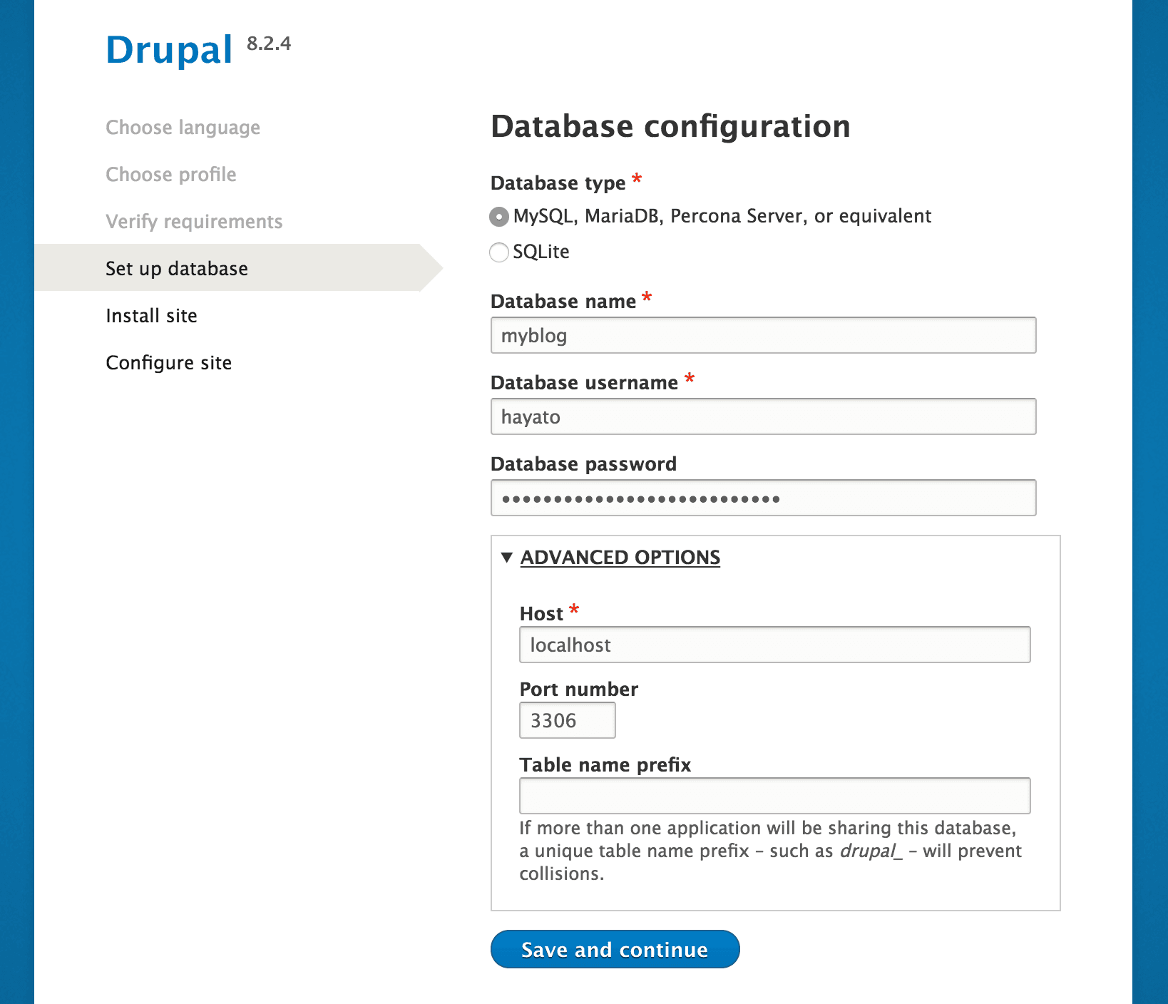 Drupal インストーラーのデータベース設定画面