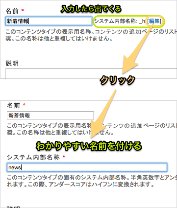 コンテンツタイプの名前とシステム内部名称を入力する画面