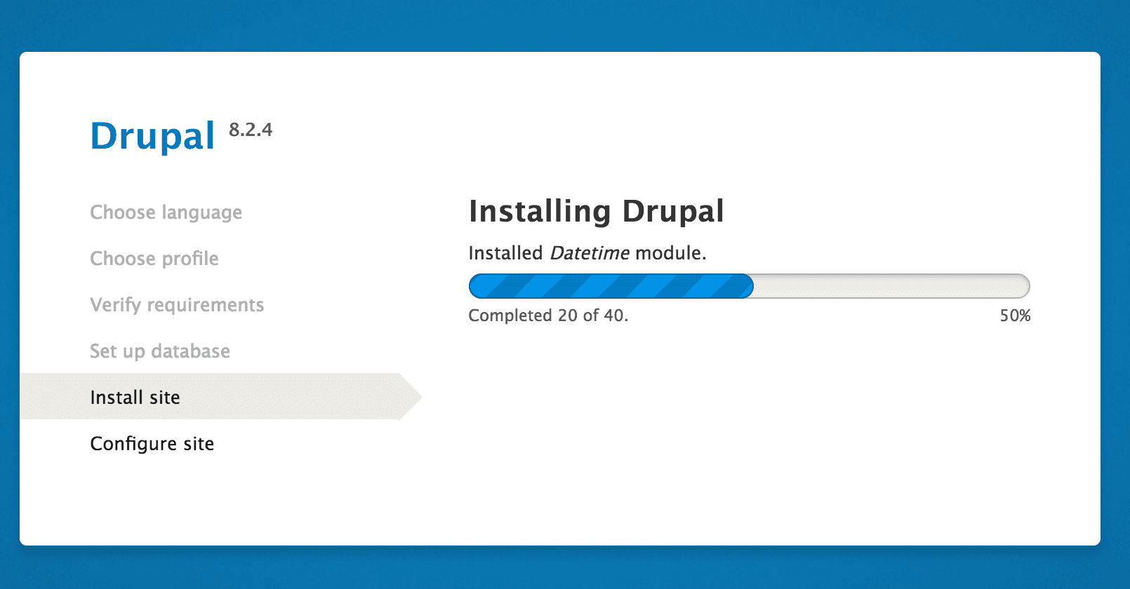 Drupal インストーラーの自動セットアップ進行画面