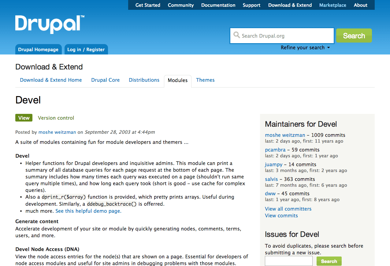 Drupal.org の Devel モジュールのプロジェクトページ