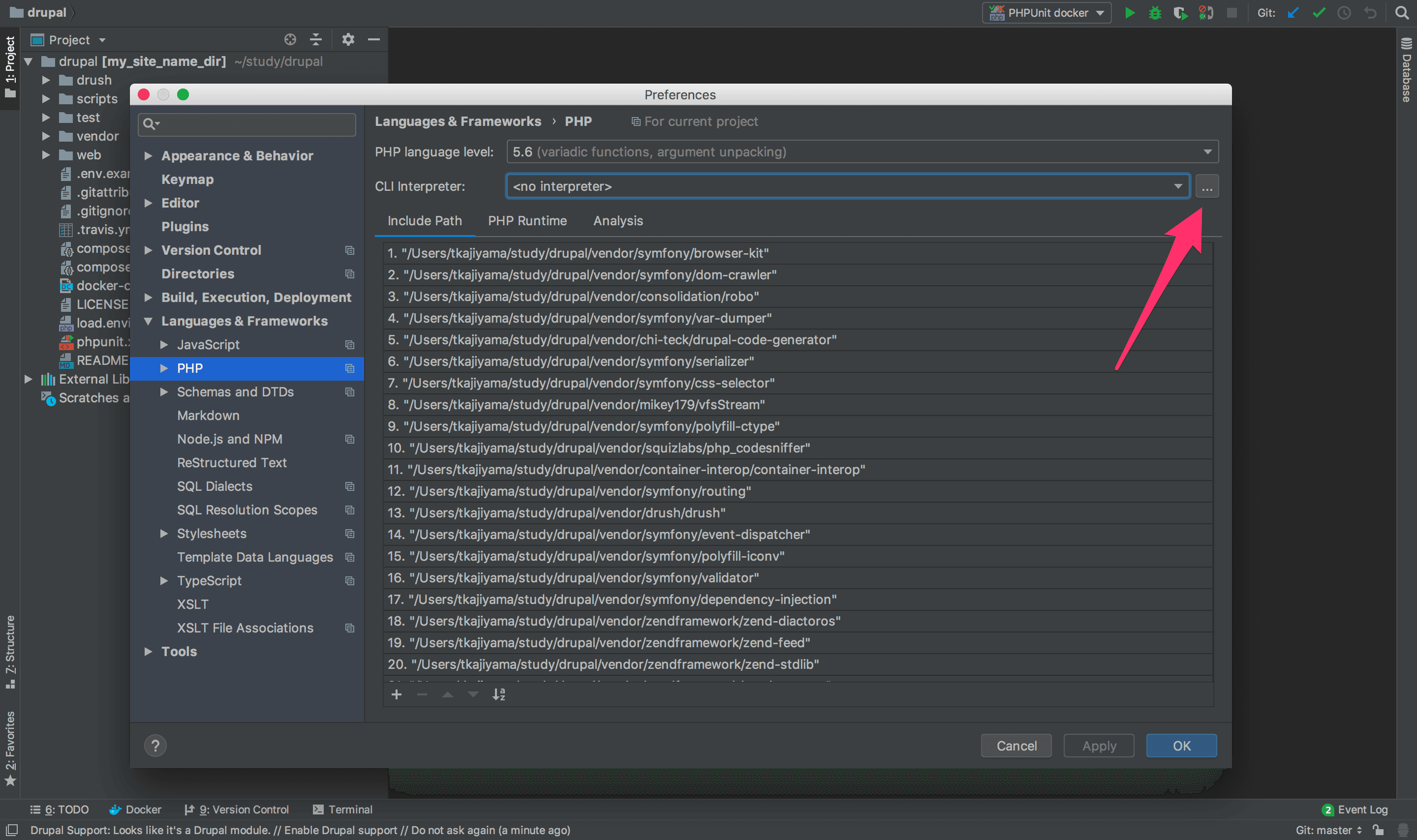 PHPStorm の PHP 設定で CLI Interpreter の選択を開く画面