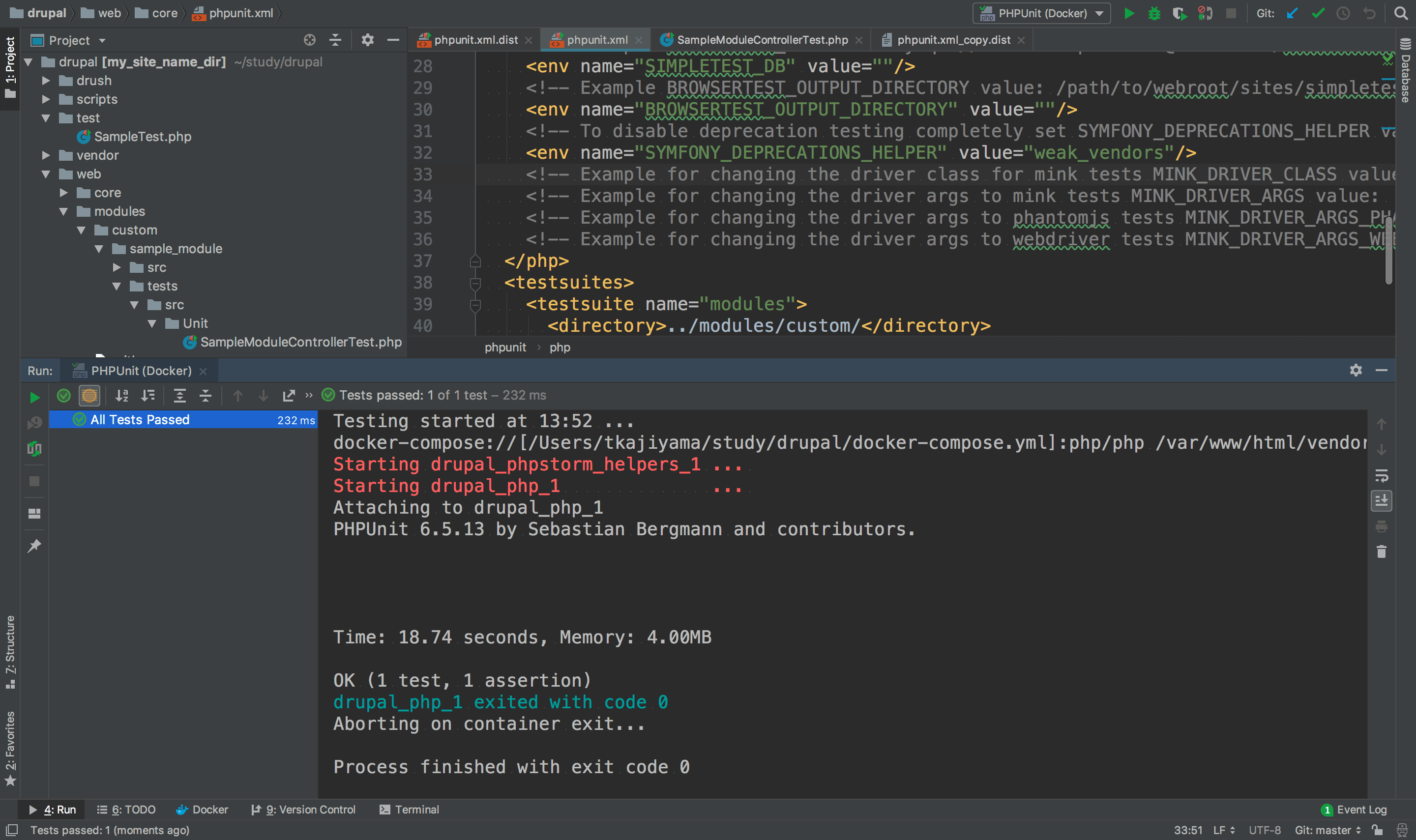 PHPStorm のコンソールに表示された PHPUnit の実行結果