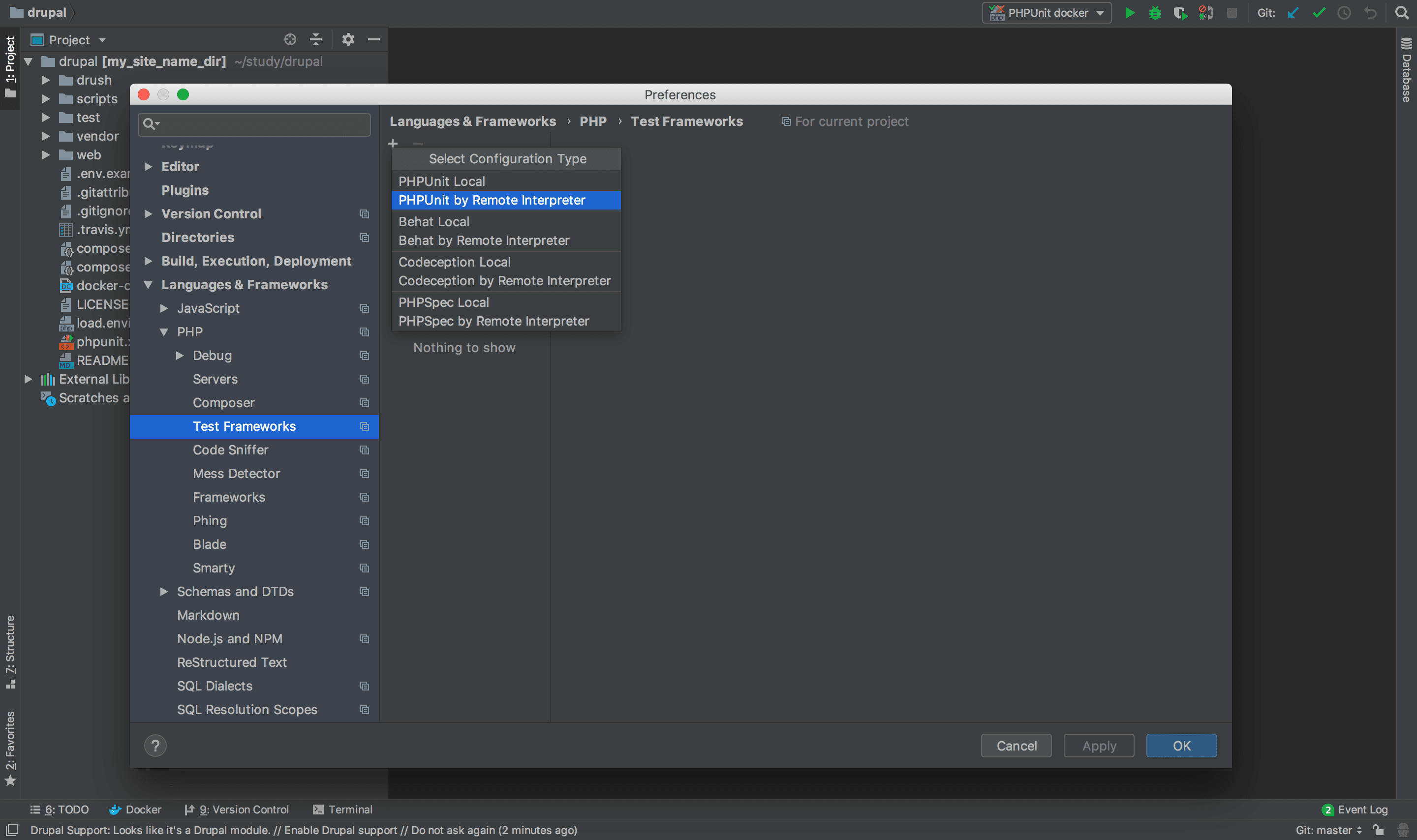 Test Frameworks で PHPUnit by Remote Interpreter を追加する画面