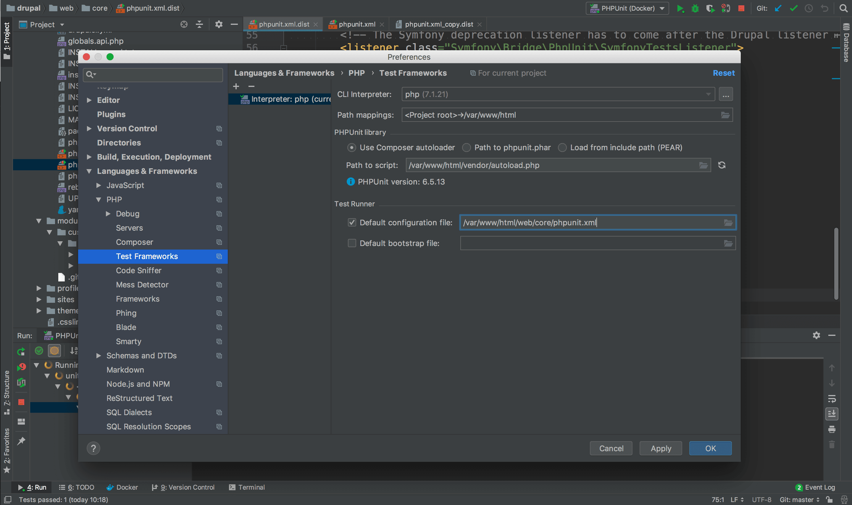 phpunit.xml を指定した PHPUnit の設定画面