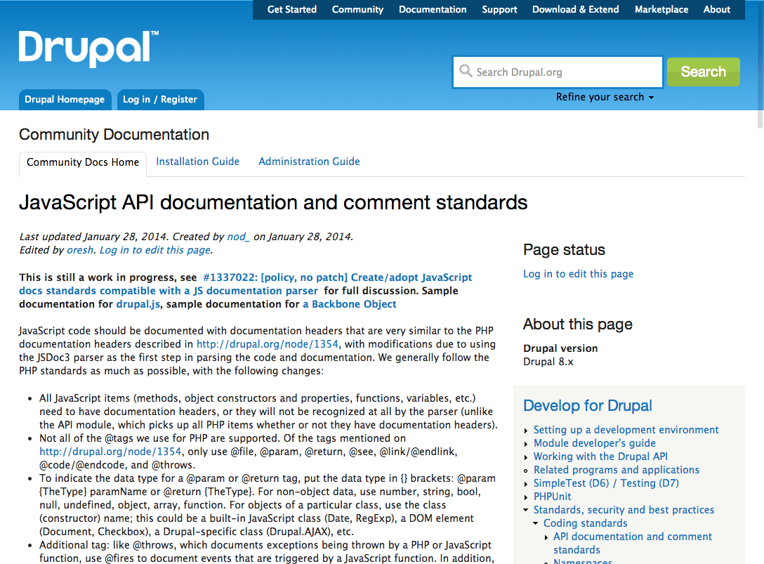 Drupal.org の JavaScript API ドキュメンテーション規約ページ