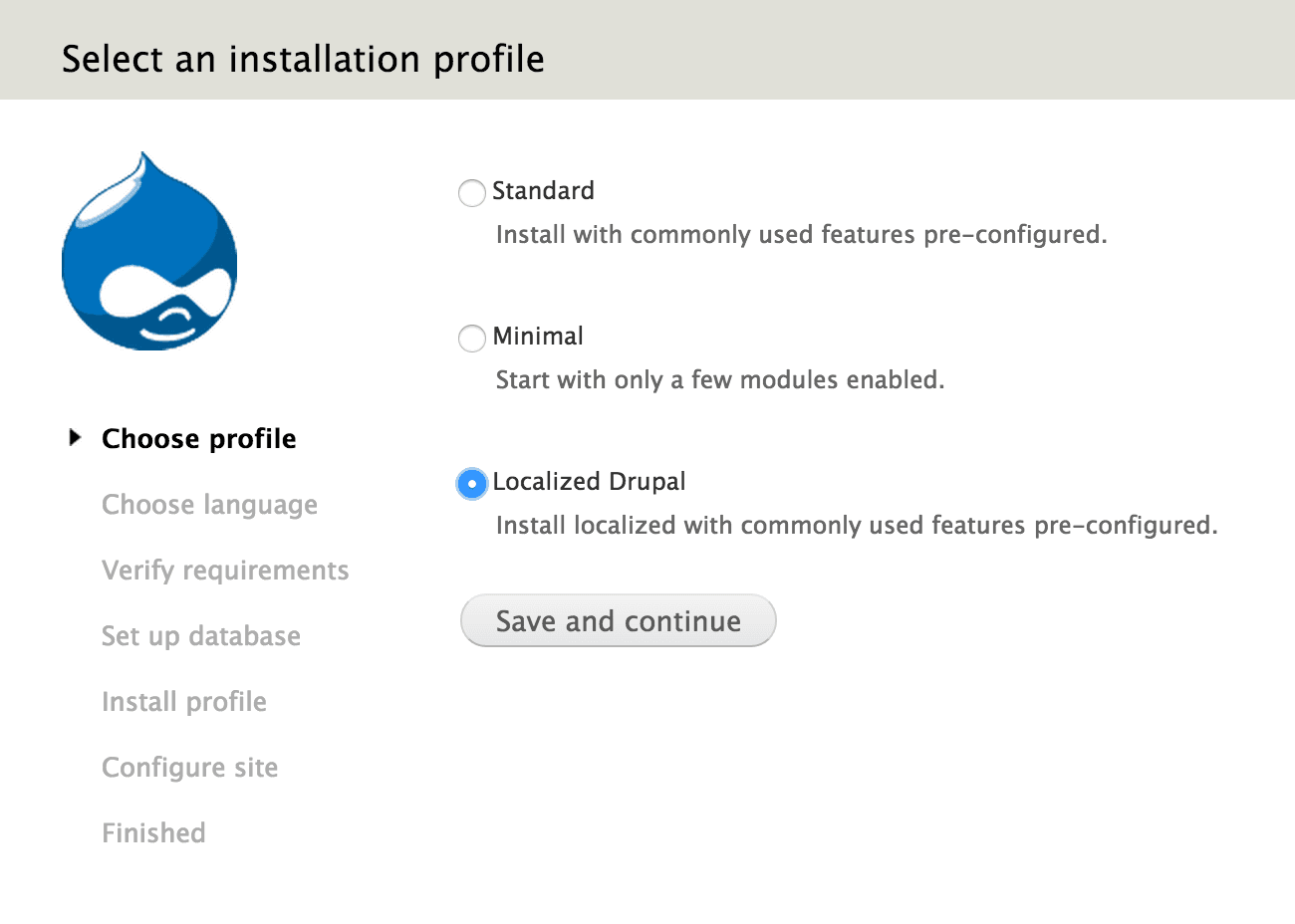 インストレーションプロフィールの選択画面