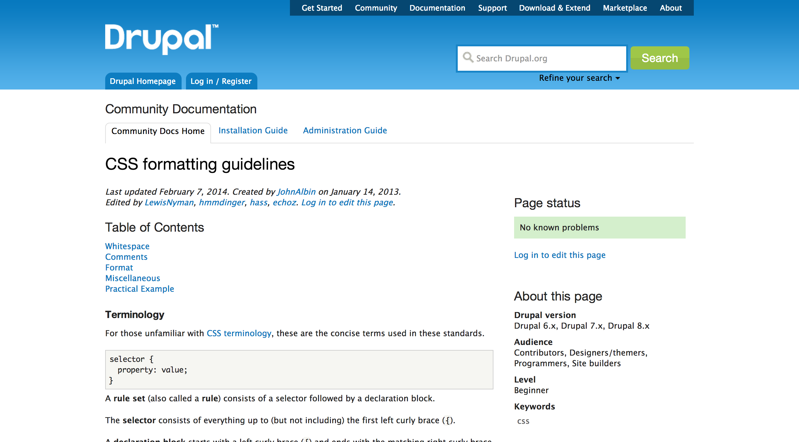 Drupal CSS formatting guidelines page